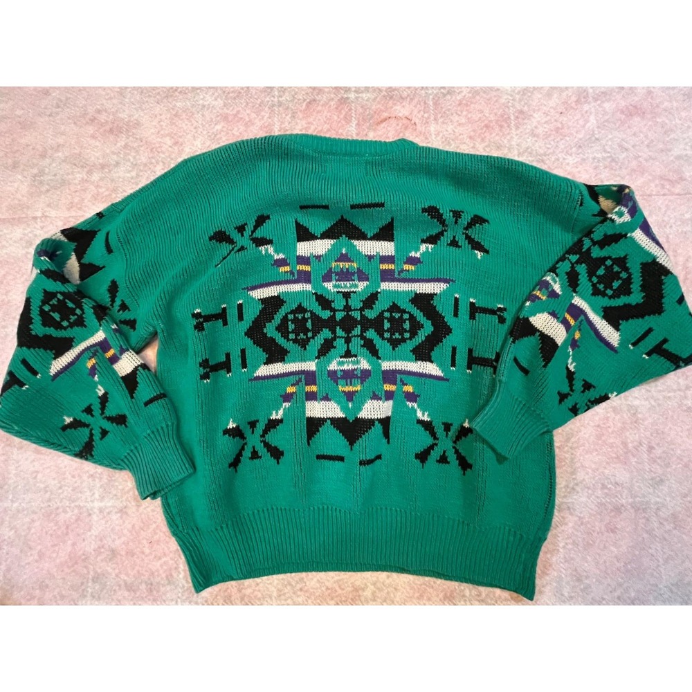 Vintage 80s Carolina Bay Green Geometric Knit Sweater Women's‎ L unique hipster - Picture 3 of 6